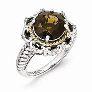 Sterling Silver w/14k Yellow Gold Antiqued Smokey Quartz and Diamond Ring