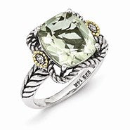 Sterling Silver w/14k Yellow Gold Antiqued Green Amethyst and Diamond Ring