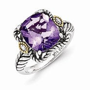 Sterling Silver w/14k Yellow Gold Antiqued Amethyst and Diamond Ring