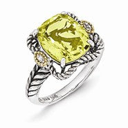 Sterling Silver w/14k Yellow Gold Antiqued Lemon Quartz and Diamond Ring