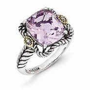 Sterling Silver w/14k Yellow Gold Antiqued Pink Amethyst and Diamond Ring