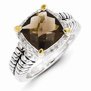 Sterling Silver w/14k Yellow Gold Smokey Quartz & Diamond Ring