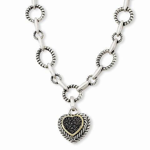 14K Yellow Gold and Silver Black Diamond Heart Drop Necklace