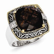 Sterling Silver w/14k Yellow Gold Smokey Quartz & Diamond Ring