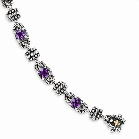 Sterling Silver with 14K Yellow Gold Amethyst Antiqued Bracelet