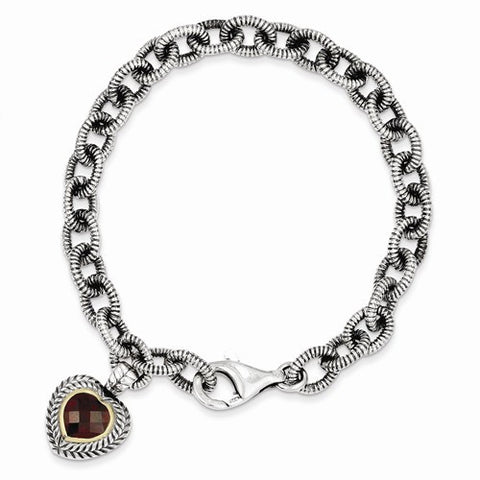 Sterling Silver with 14K Yellow Gold Garnet Heart Link Bracelet