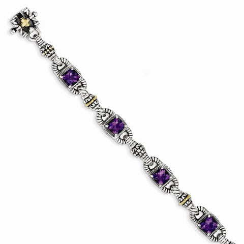 Sterling Silver with 14K Yellow Gold Amethyst Antiqued Bracelet