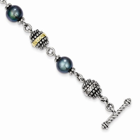 Sterling Silver with 14K Yellow Gold 7.5-8Mm Fwc Black Pearl Bracelet