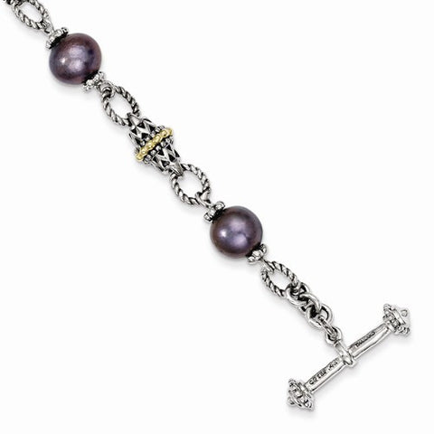 Sterling Silver with 14K Yellow Gold 7.5-8Mm Fwc Black Pearl Bracelet