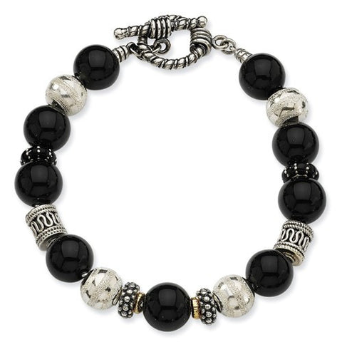 Sterling Silver with 14K Yellow Gold Onyx & Enameled Beaded Bracelet