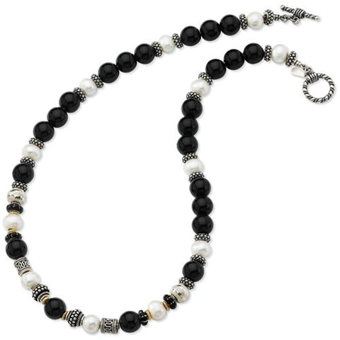 Sterling Silver 14K Yellow Gold FW Cultured Pearl & Onyx Necklace