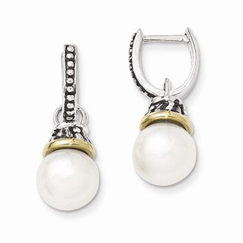 Sterling Silver w/14k Yellow Gold 10mm Freshwater Cultured Pearl Dangle Earrings