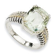 Sterling Silver w/14k Yellow Gold Green Amethyst & Diamond Ring