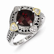 Sterling Silver w/14k Yellow Gold Diamond & Garnet Ring