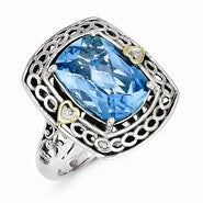 Sterling Silver w/14k Yellow Gold Diamond & Blue Topaz Ring