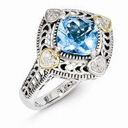 Sterling Silver w/14k Yellow Gold Diamond & Blue Topaz Ring