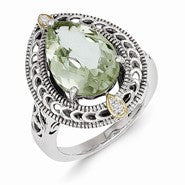 Sterling Silver w/14k Yellow Gold Diamond & Green Quartz Ring