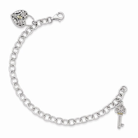 Sterling Silver with 14K Yellow Gold Diamond Heart Lock and Key Bracelet