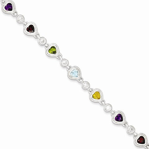 Sterling Silver Polished Multicolored Gemstone Heart Bracelet