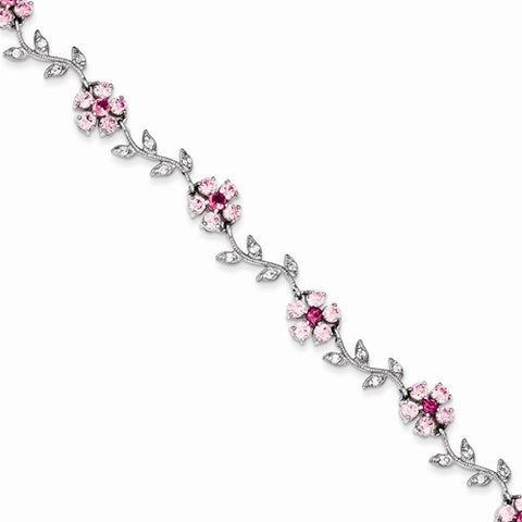 Sterling Silver Pink and Clear Cz Flower Bracelet