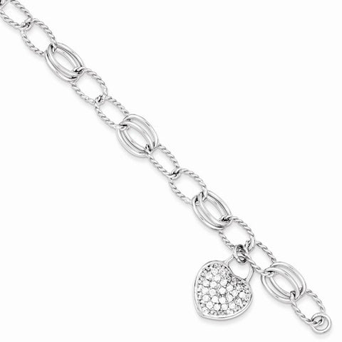 Sterling Silver Cz Heart Dangle Bracelet