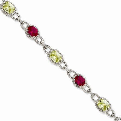 Sterling Silver Light Green & Red Cz Bracelet