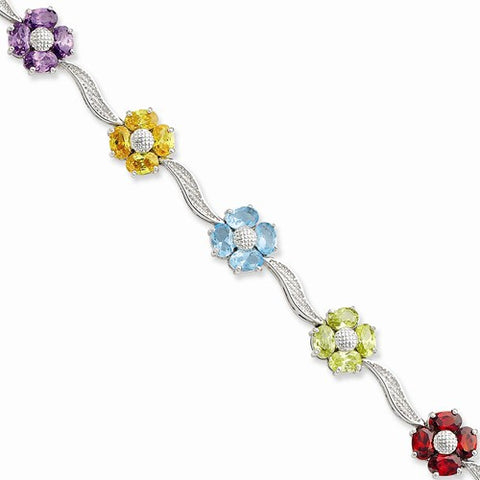 Sterling Silver Multi-Color Cz Floral Bracelet