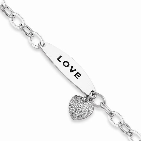 Sterling Silver Small Cz Hanging Heart with Love Inscription Bracelet