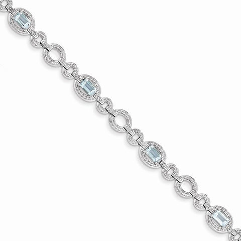 Sterling Silver Diamond & Lt Swiss Blue Topaz Oval Link Bracelet