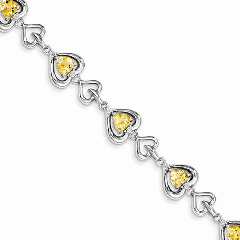 Sterling Silver Diamond & Heart Link Citrine Bracelet