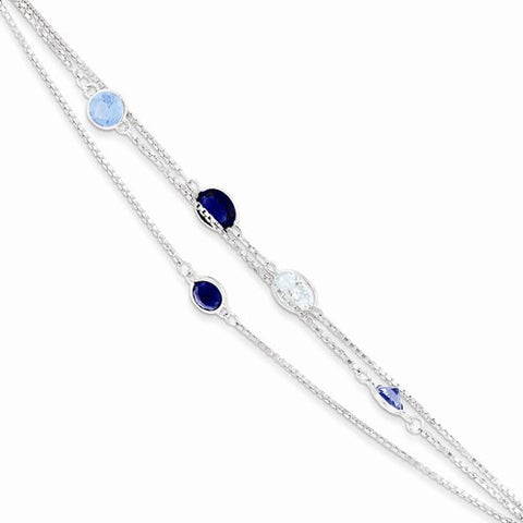 Sterling Silver Antiqued Multi Strand Blue Clear Cz Bracelet