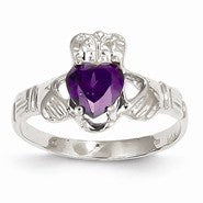 14k White Gold February Birthstone Claddagh Ring