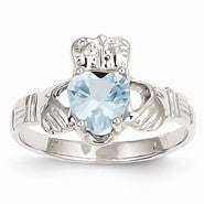 14k White Gold March Birthstone Claddagh Ring