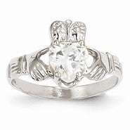 14k White Gold April Birthstone Claddagh Ring