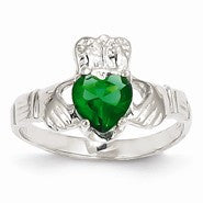 14k White Gold May Birthstone Claddagh Ring