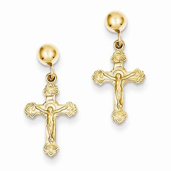 14k Yellow Gold Polished Crucifix Post Earrings