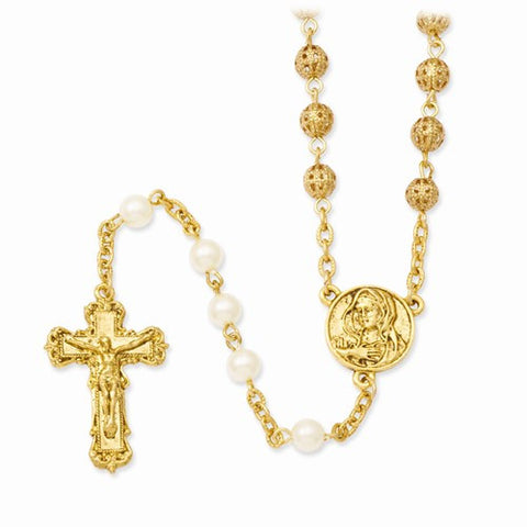 Gold-Tone Simulated Pearl Star Of Bethlehem Rosary Necklace