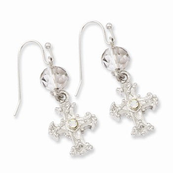 Silver-tone, grey crystal Cross dangle Earrings