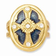 Gold-tone w/blue enamel & crystal cross stretch Ring