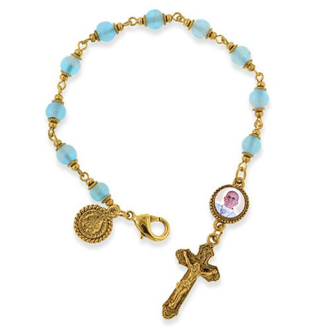 Gold-Tone with Aqua Glass Beads Pope Francis I Rosary Bracelet