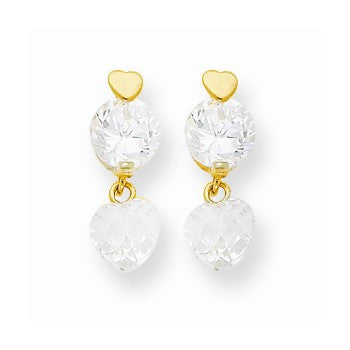 14k Yellow Gold CZ Heart Dangle Post Earrings