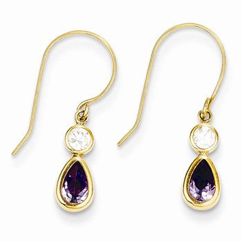 14k Yellow Gold Clear/Purple CZ Dangle Earrings