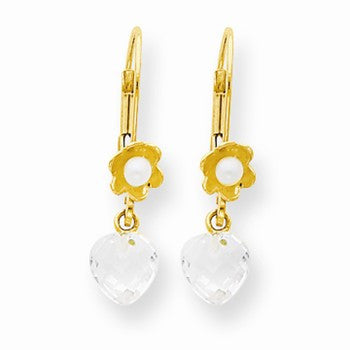 14k Yellow Gold Flower CZ/Freshwater Cultured Pearl Leverback Earrings