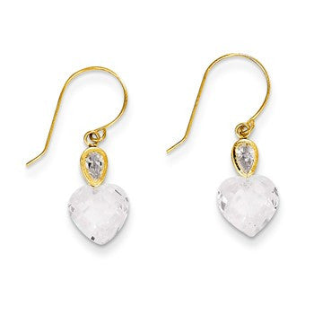 14k Yellow Gold Clear CZ Heart Dangle Earrings