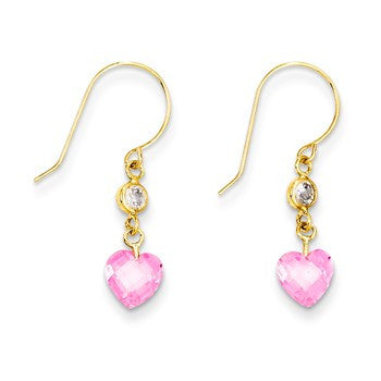 14k Yellow Gold Clear/Pink CZ Heart Dangle Earrings