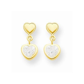 14k Yellow Gold Heart w/CZ Dangle Post Earrings