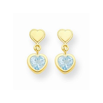 14k Yellow Gold Heart w/Aqua CZ Dangle Post Earrings