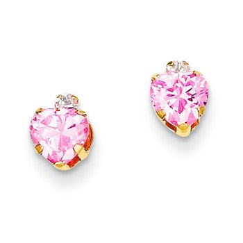 14k Yellow Gold 2mm round / 5mm Pink CZ Heart Post Earrings