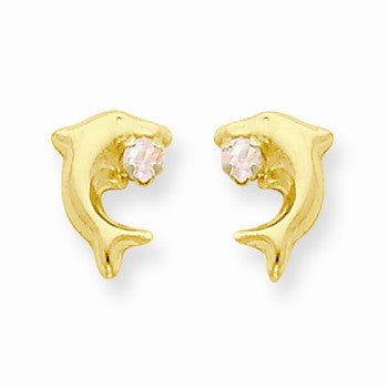 14k Yellow Gold Dolphin w/Pink CZ Post Earrings