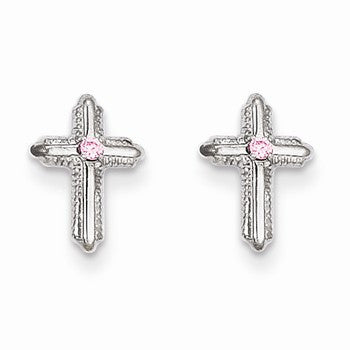 14k White Gold Cross w/Pink CZ Screwback Post Earrings